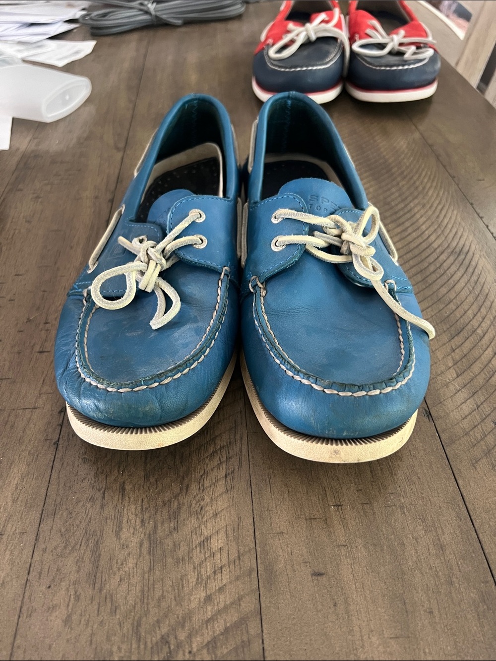 Sperry Teal Leather Boat Shoes with White Laces